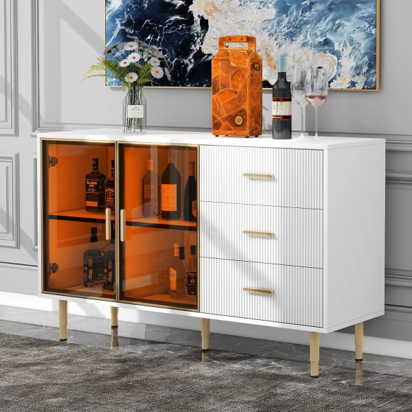 Modern Sideboard Buffet Cabinet Marble Sticker Tabletop And Amber-Yellow Tempered Glass Doors With Gold Metal Legs & Handles Cheap