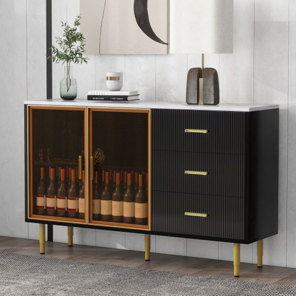 Modern Sideboard Buffet Cabinet Marble Sticker Tabletop And Amber-Yellow Tempered Glass Doors With Gold Metal Legs & Handles Cheap