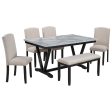 6 Piece Dining Table Modern Style With 4 Chairs & 1 Bench, Table With Marbled Veneers Tabletop And V-Shaped Table Legs - White For Cheap