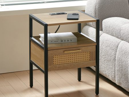 Rattan End Table With Power Outlet & USB Ports, Modern Nightstand With Drawer And Metal Legs, Side Table For Living Room, Bedroom Discount