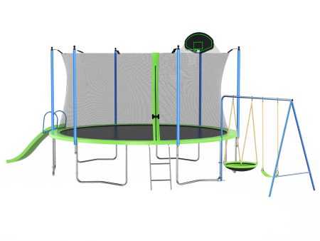 12Ft Trampoline With Slide And Swings, Astm Approved Large Recreational Trampoline With Basketball Hoop And Ladder, Outdoor Backyard Trampoline With Net, Capacity For Kids And Adults - Green   Blue For Discount