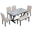 6 Piece Dining Table Modern Style With 4 Chairs & 1 Bench, Table With Marbled Veneers Tabletop And V-Shaped Table Legs - White For Cheap