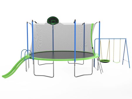 14Ft Trampoline With Slide And Swings, Astm Approved Large Recreational Trampoline With Basketball Hoop And Ladder, Outdoor Backyard Trampoline With Net, Capacity For Kids And Adults - Green   Blue For Sale