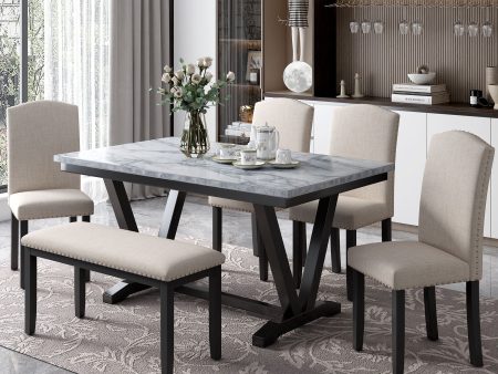 6 Piece Dining Table Modern Style With 4 Chairs & 1 Bench, Table With Marbled Veneers Tabletop And V-Shaped Table Legs - White For Cheap