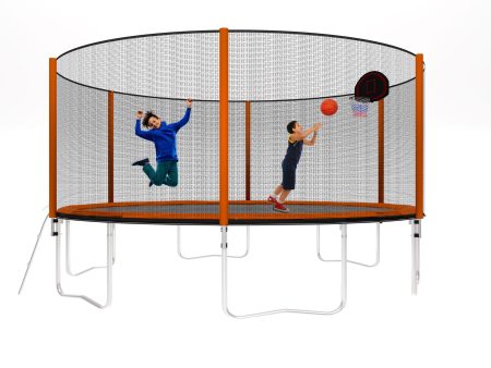 14Ft Powder-Coated Advanced Trampoline With Basketball Hoop Inflator And Ladder (Outer Safety Enclosure) - Orange Online Sale